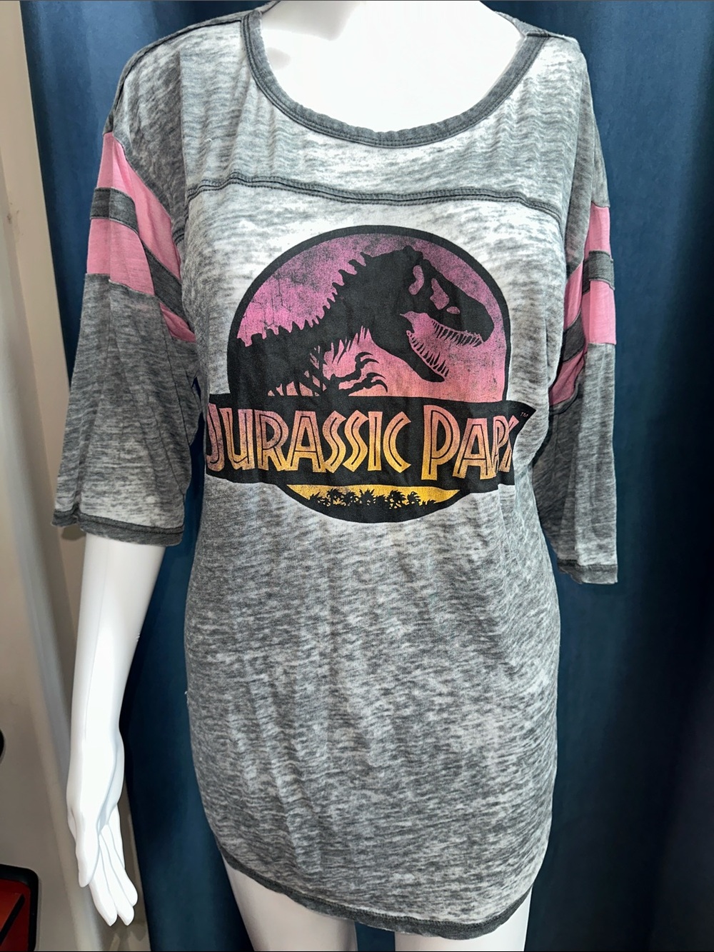 Jurassic Park Retro Sunset Logo Varsity Sleeve Burnout Top - Juniors Large